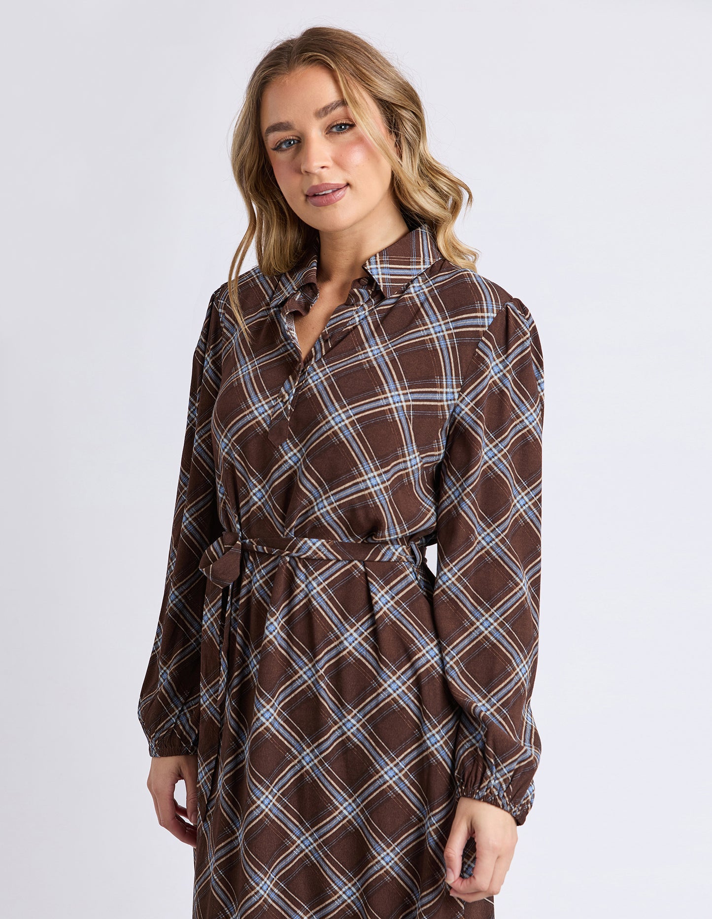 Foxwood Edison Check Dress - Chocolate Check | Relaxed Fit Soft Drape Check Dress