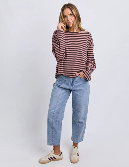 Foxwood Lola Stripe Long Sleeve - Coffee & Dusty Rose | Women's Everyday Top