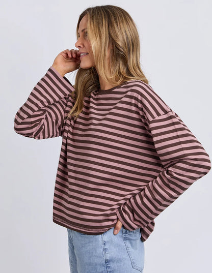 Foxwood Lola Stripe Long Sleeve - Coffee & Dusty Rose | Women's Everyday Top