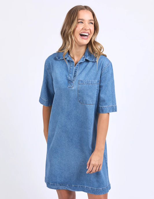 Foxwood Monte Shirt Dress - Mid Blue | Relaxed V-Neck Collar T-Shirt Dress