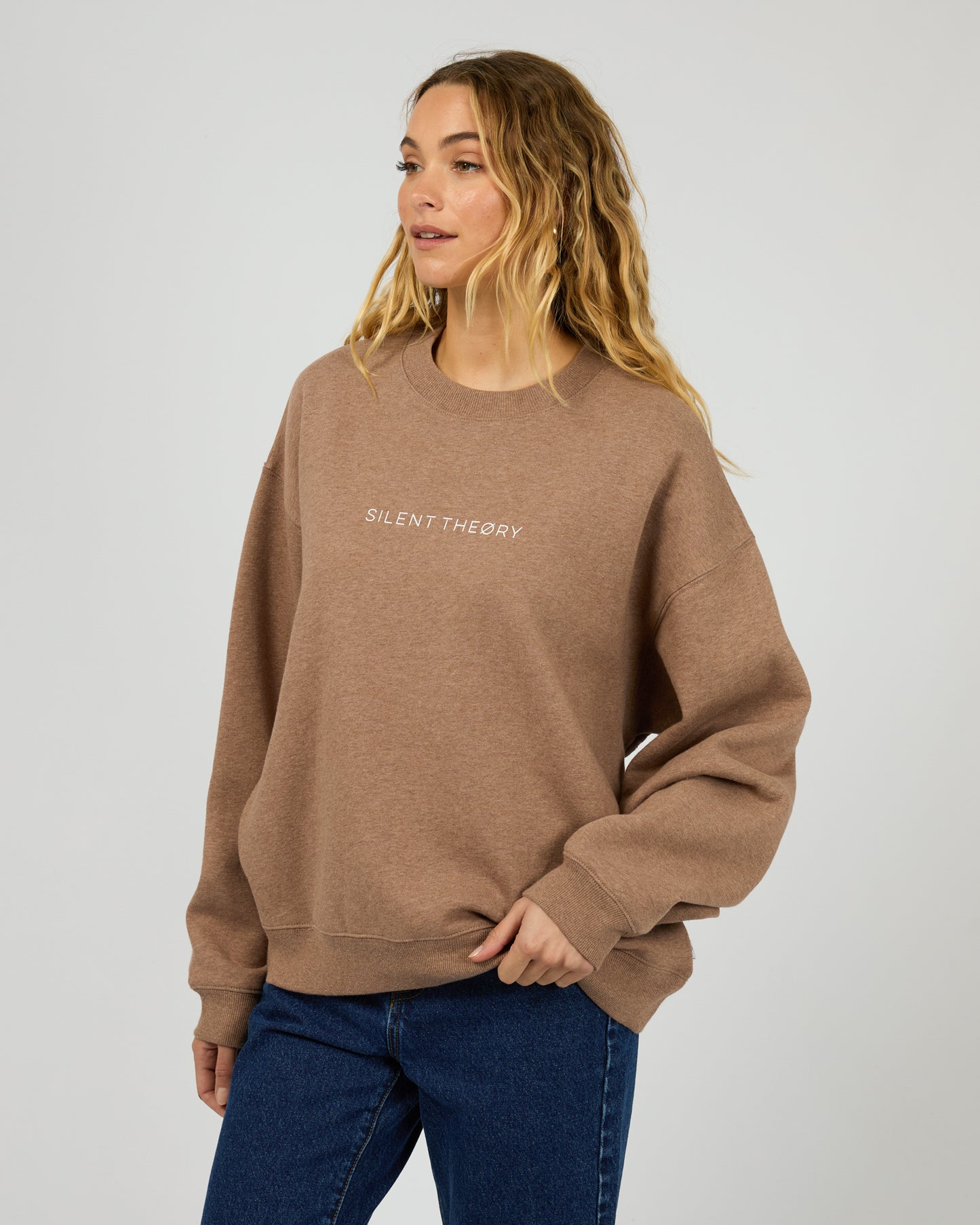 Silent Theory Logo Crew - Brown | Women's Soft Fleece Oversized Sweatshirt