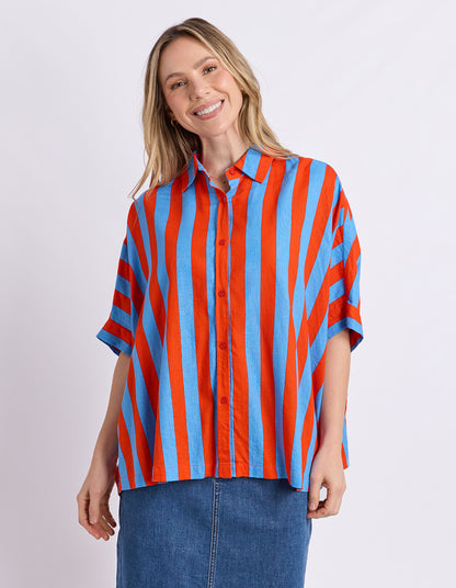 Elm Palermo Stripe Shirt - Tangelo & Blue | Women's Linen Blend Shirt