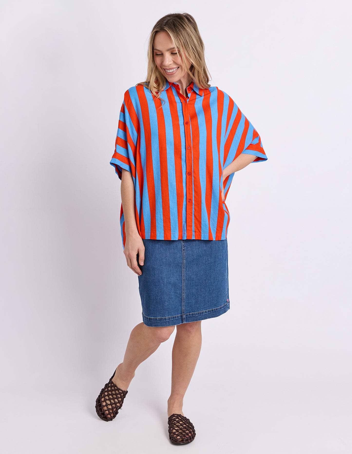 Elm Palermo Stripe Shirt - Tangelo & Blue | Women's Linen Blend Shirt