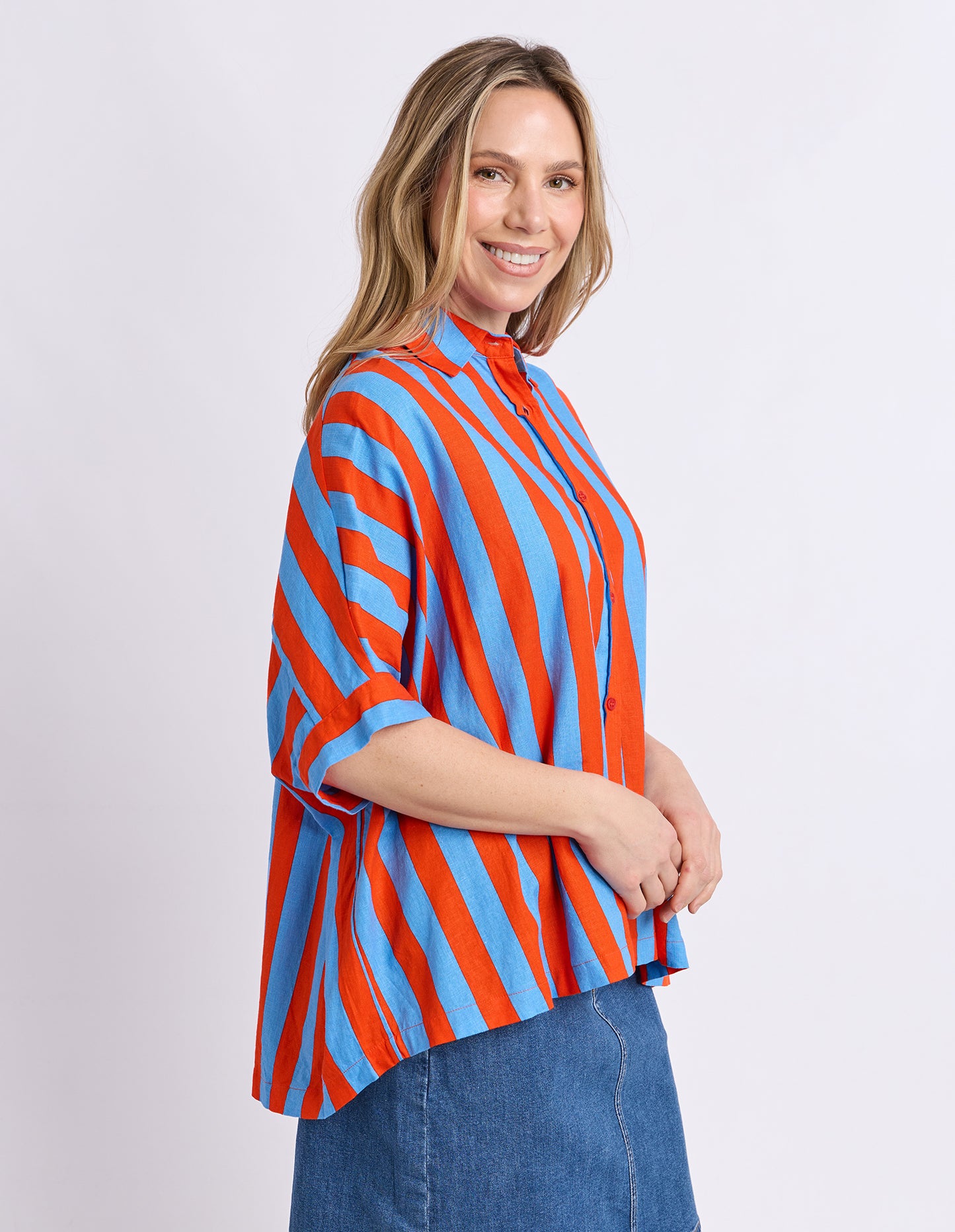 Elm Palermo Stripe Shirt - Tangelo & Blue | Women's Linen Blend Shirt