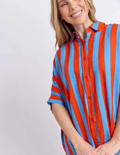 Elm Palermo Stripe Shirt - Tangelo & Blue | Women's Linen Blend Shirt