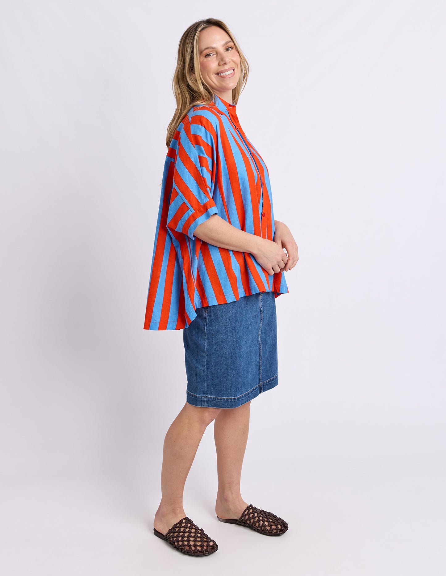 Elm Palermo Stripe Shirt - Tangelo & Blue | Women's Linen Blend Shirt