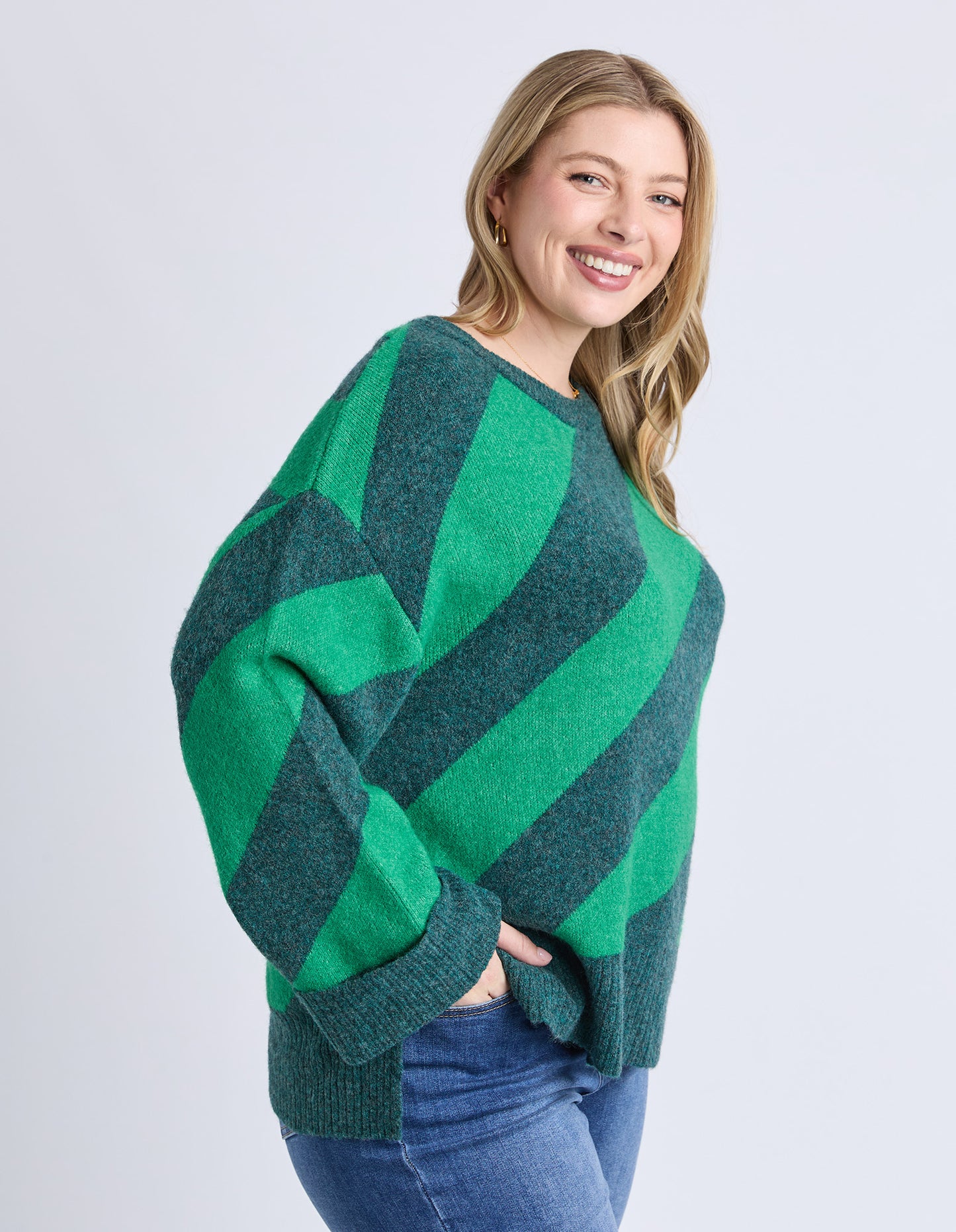 Elm Sage Diagonal Stripe - Knit Turquoise & Teal | Relaxed Fit Women’s Jumper