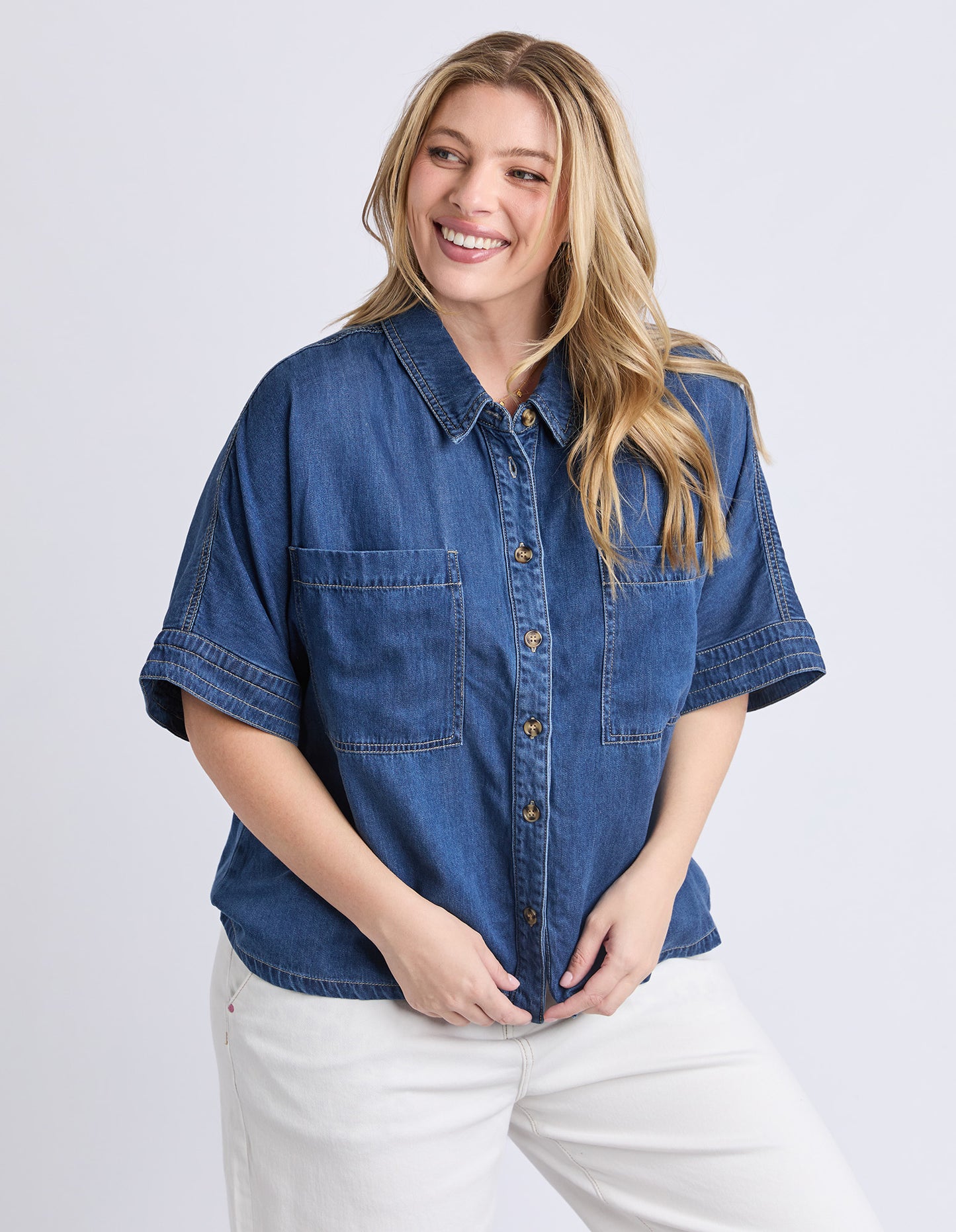 Elm Demi Short Sleeve Denim Shirt - Dark Blue Wash | Women's Relaxed Denim Shirt