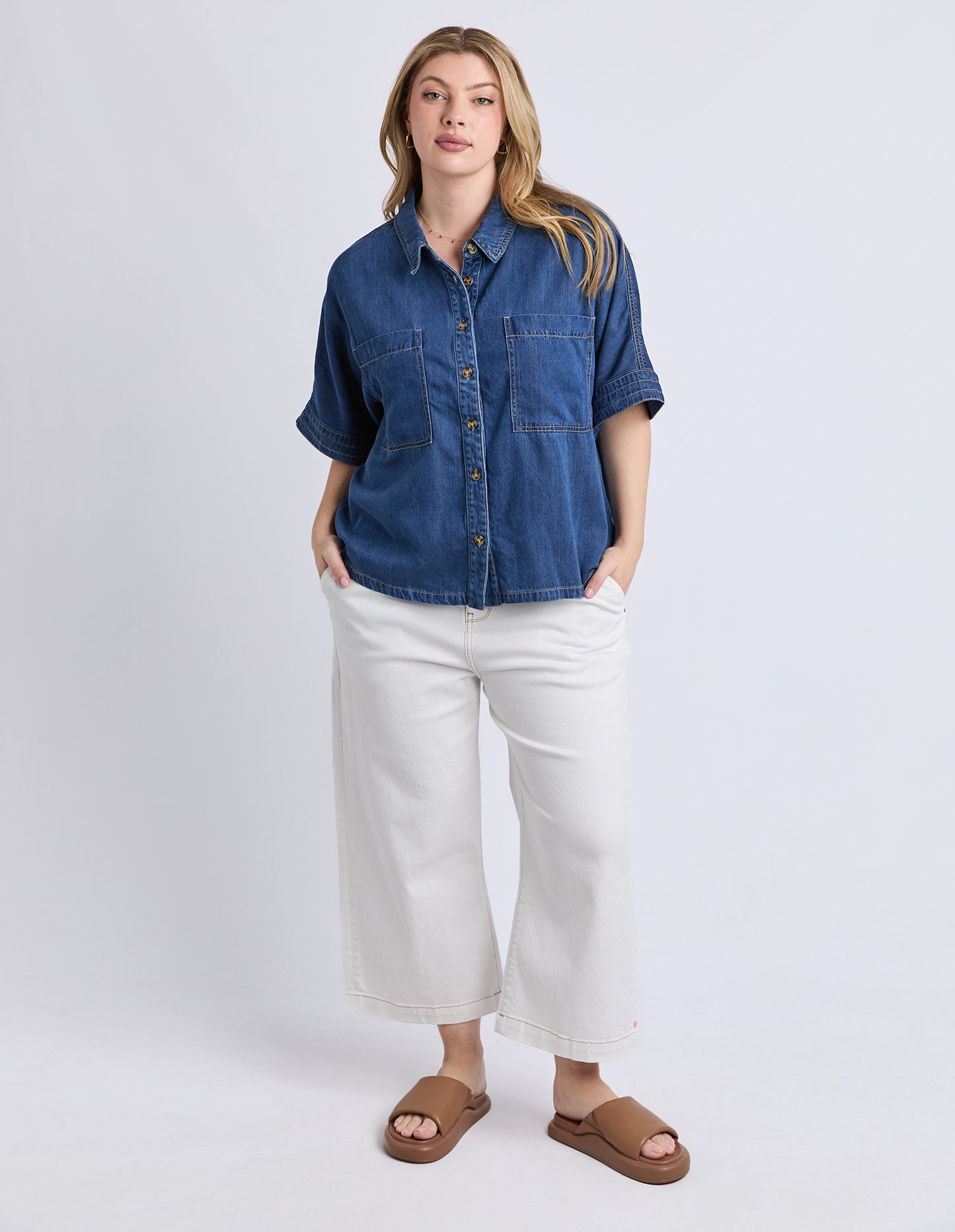 Elm Demi Short Sleeve Denim Shirt - Dark Blue Wash | Women's Relaxed Denim Shirt