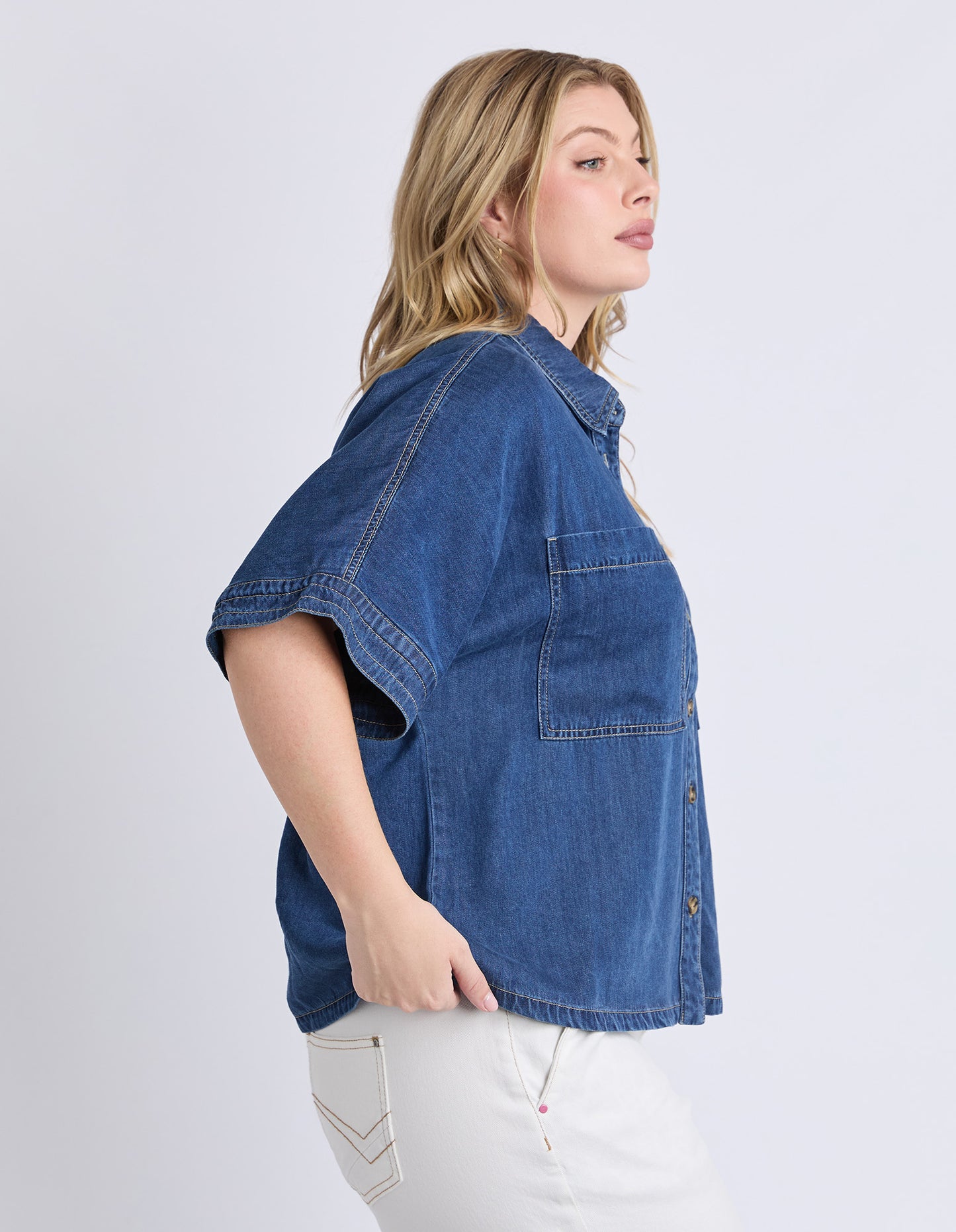 Elm Demi Short Sleeve Denim Shirt - Dark Blue Wash | Women's Relaxed Denim Shirt
