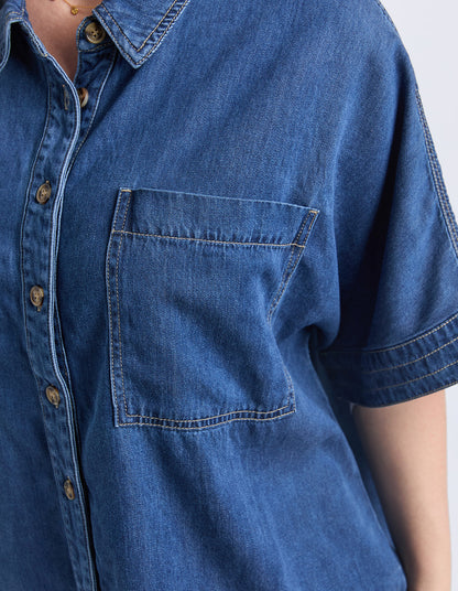Elm Demi Short Sleeve Denim Shirt - Dark Blue Wash | Women's Relaxed Denim Shirt