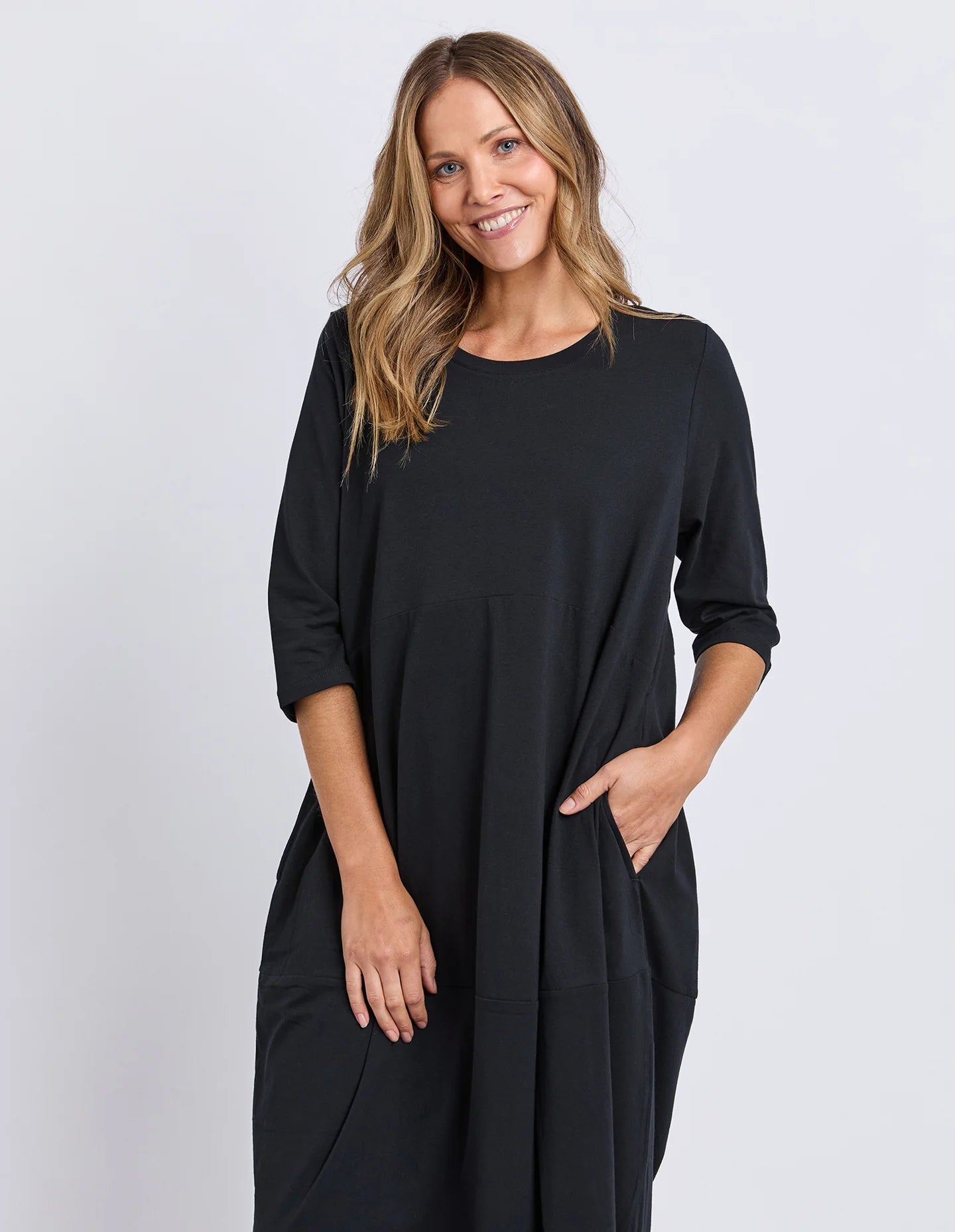 Elm Diana Dress 3/4 Sleeve - Black | Women's Everyday Cotton Dress