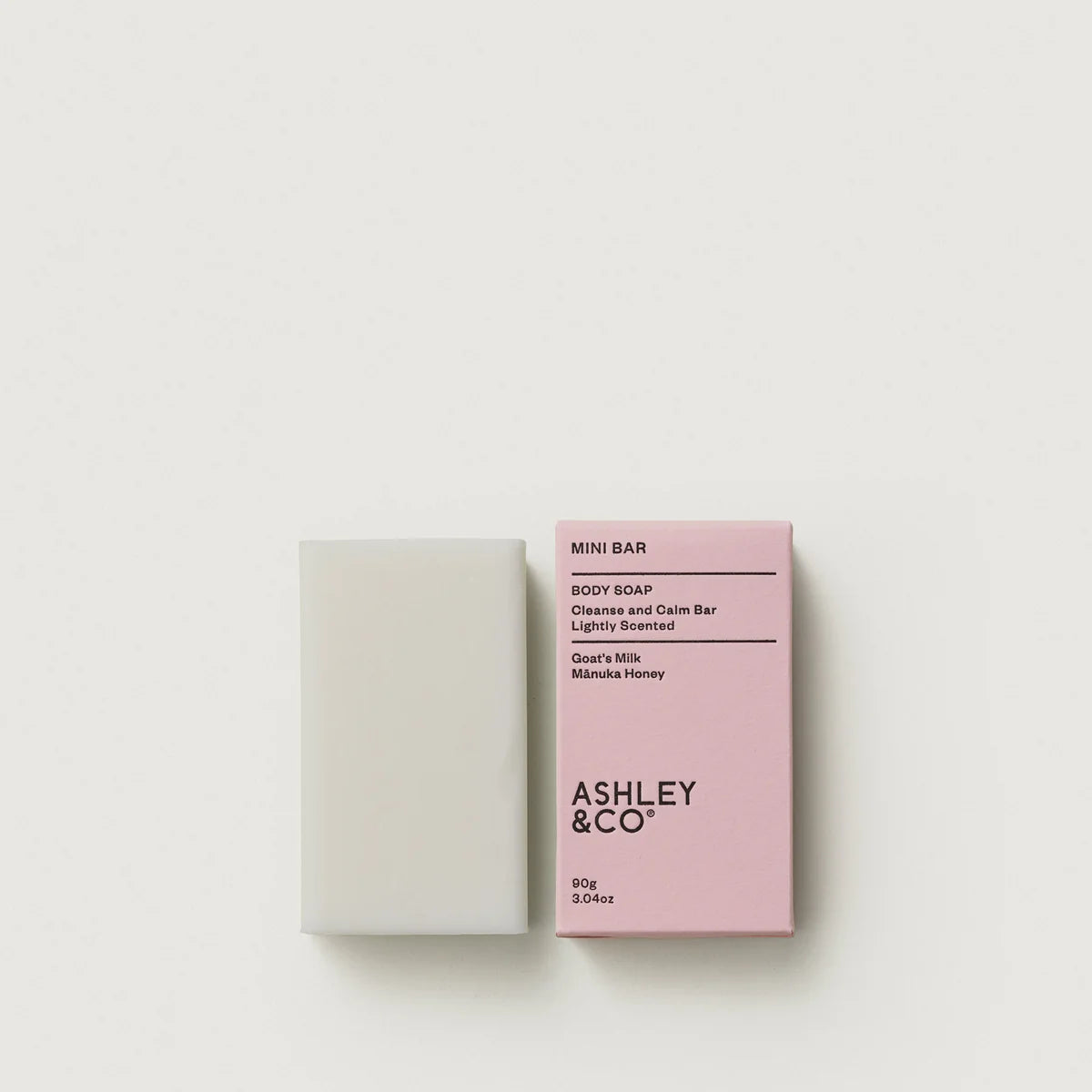 Ashley & Co Mini Bar of soap and its packaging with 'Ashley & Co' branding on a light background