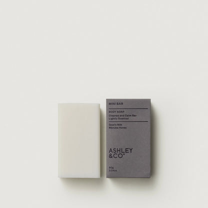 Ashley & Co Mini Bar of soap and its packaging on a white background