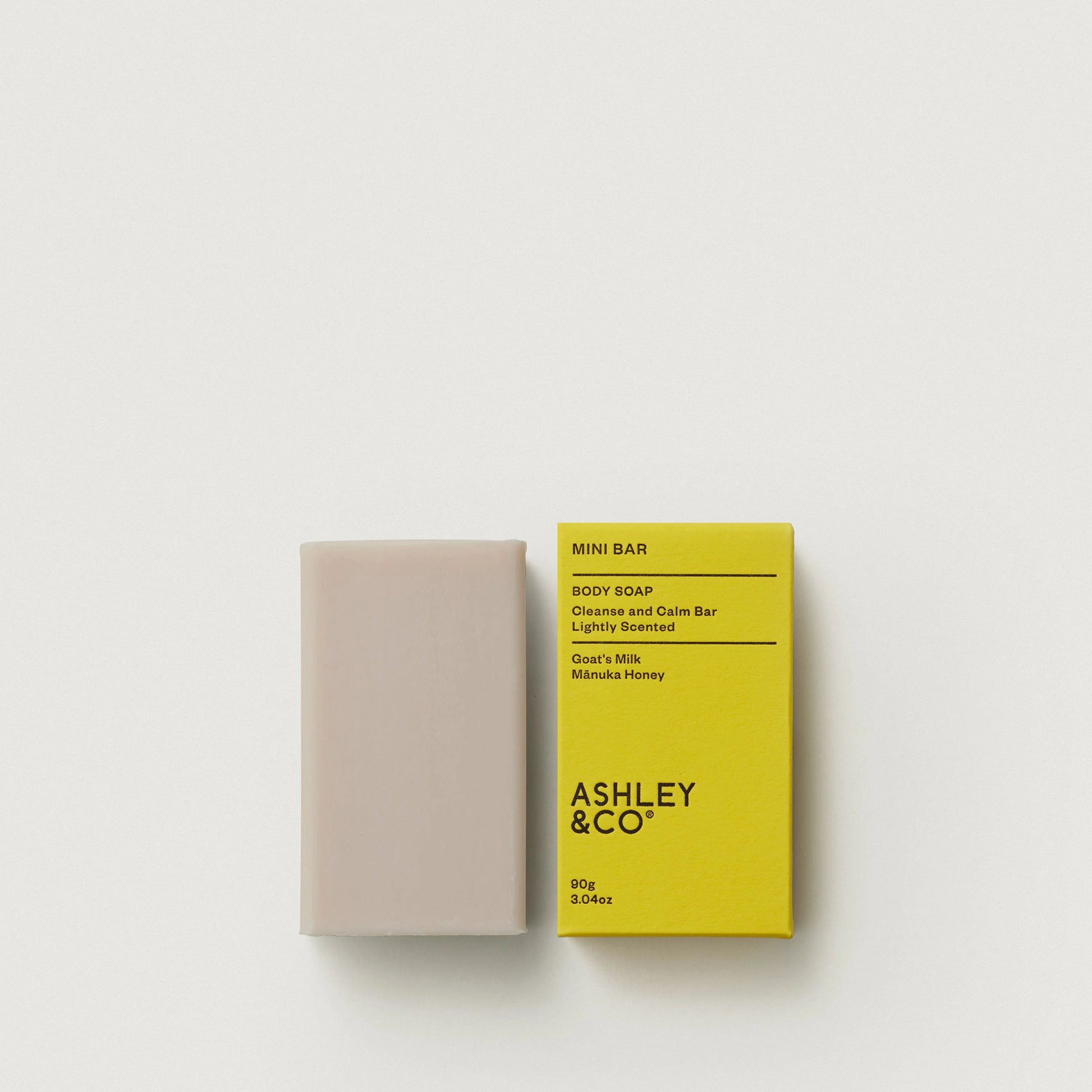 Ashley & Co Mini Bar of soap and its packaging on a white background