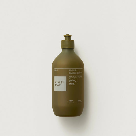 Olive green Ashley & Co bottle with a label on a white background, dishwashing