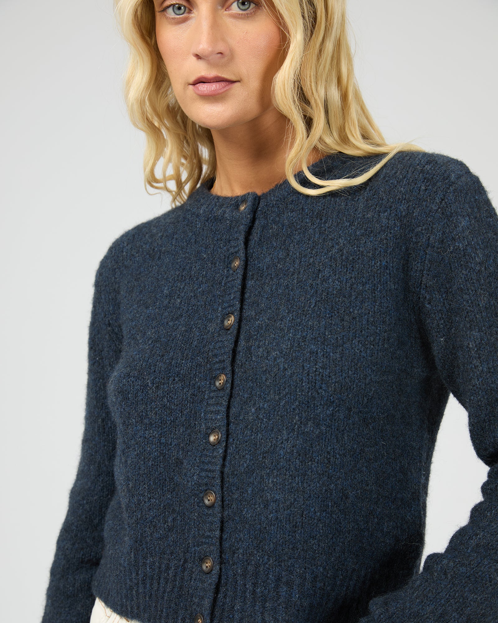 Ink cropped cardigan with statement buttons – lifestyle look