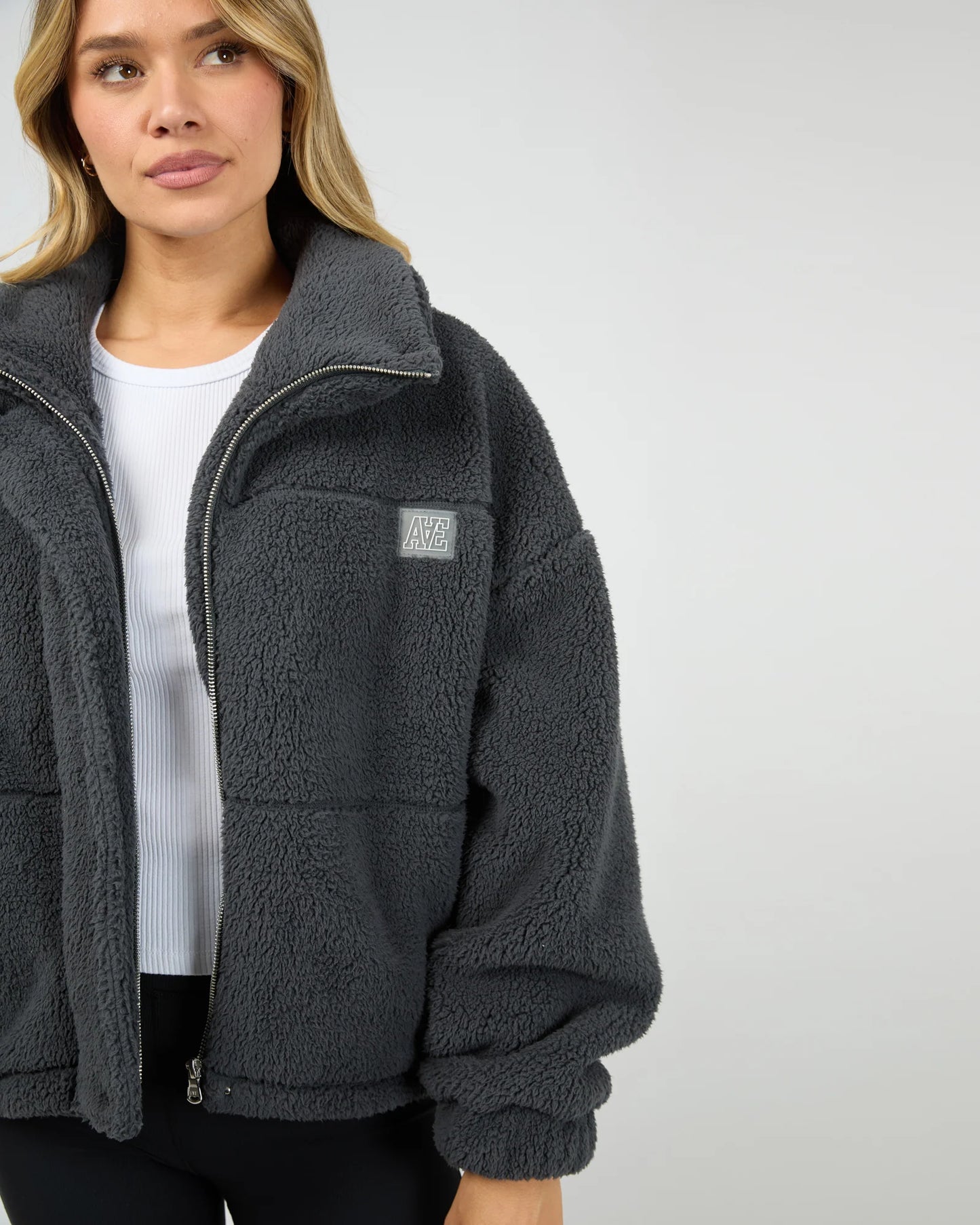 All About Eve Cosy Club Teddy Jacket - Charcoal | Women's Teddy Fleece Zip Jacket