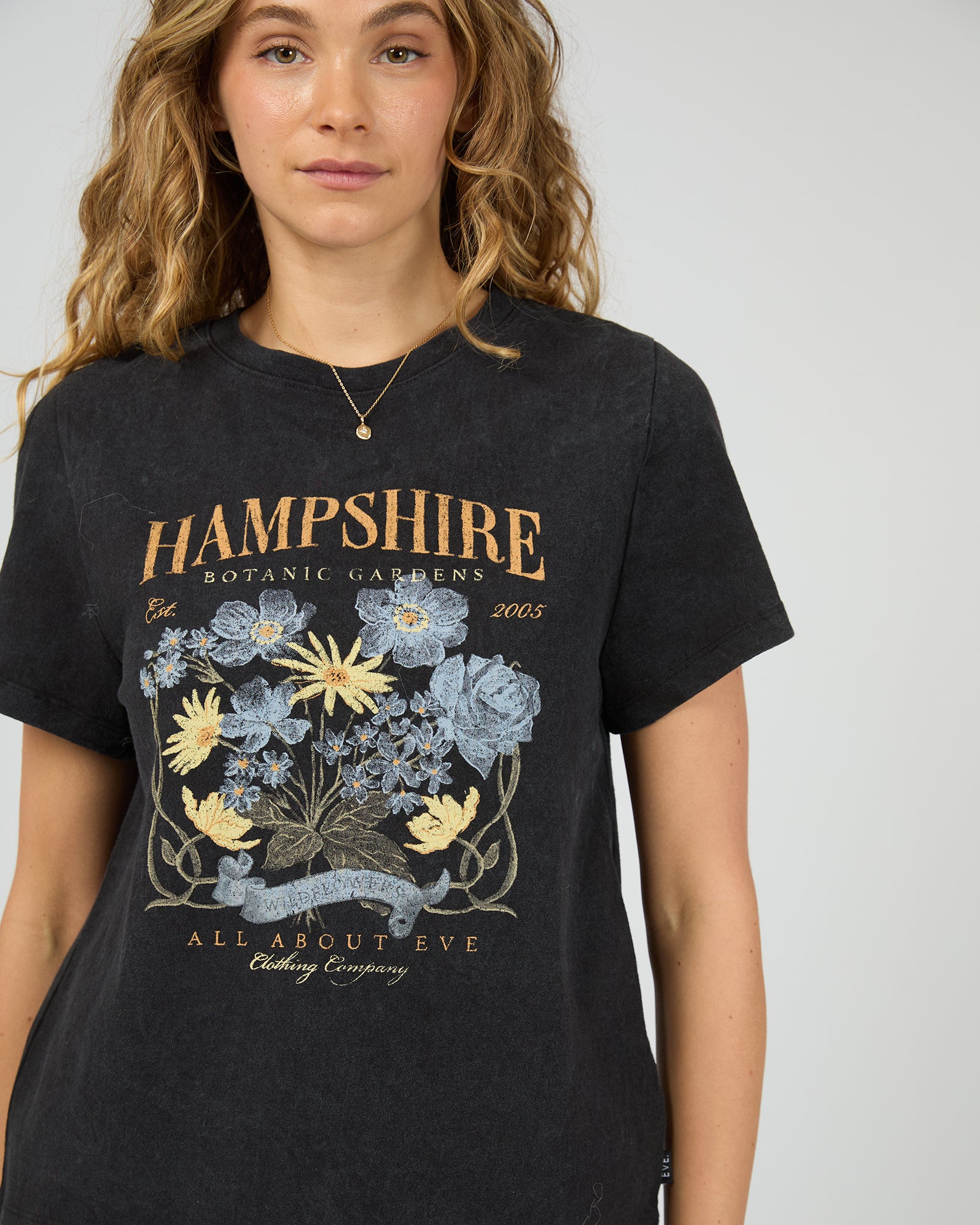 All About Eve Hampshire Regular Tee in washed black with botanical print