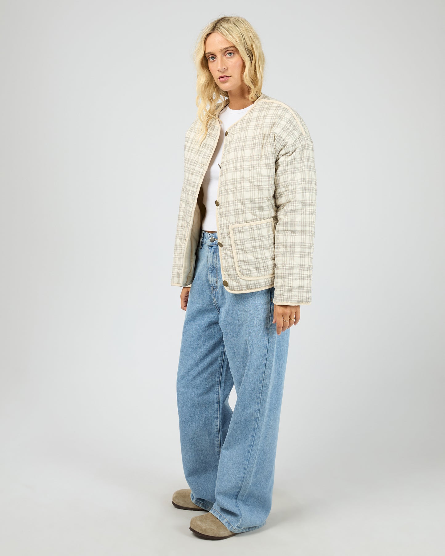All About Eve Indra Jacket - Check Chalk | Women's Quilted Cord Reversible Jacket