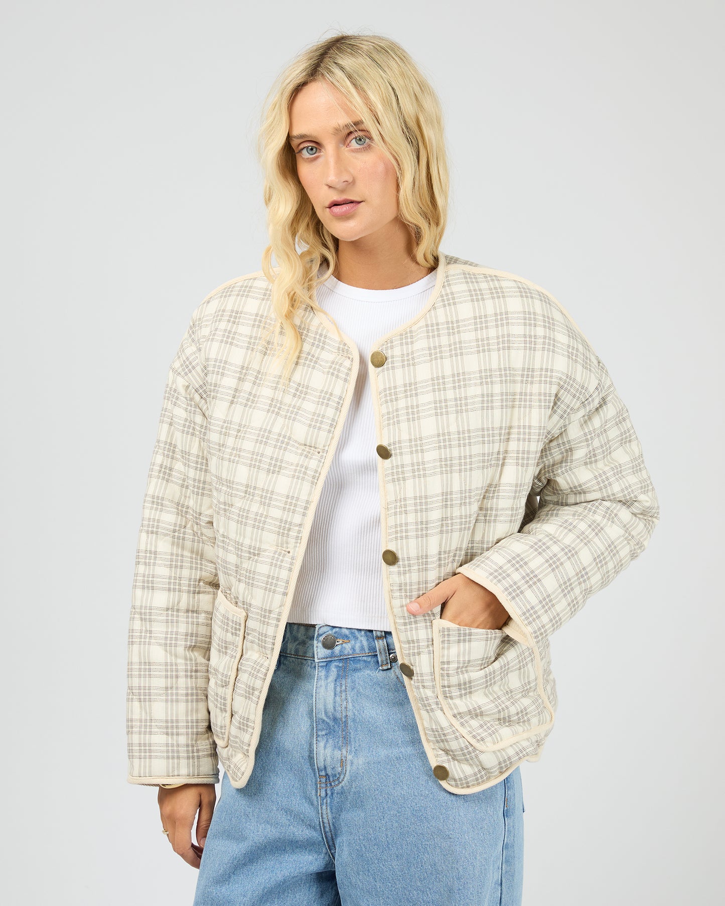 All About Eve Indra Jacket - Check Chalk | Women's Quilted Cord Reversible Jacket