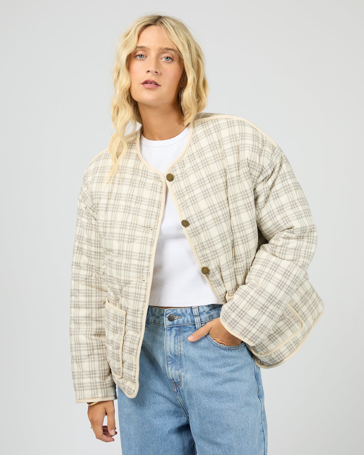 All About Eve Indra Jacket - Check Chalk | Women's Quilted Cord Reversible Jacket