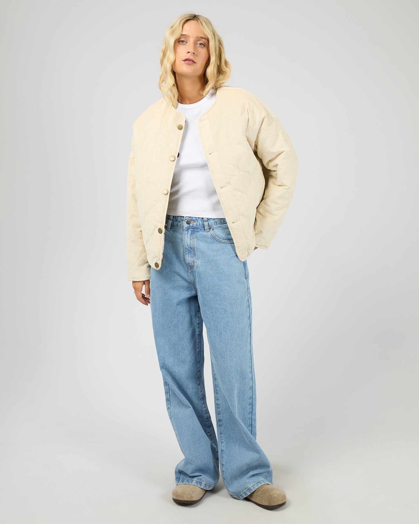 All About Eve Indra Jacket - Check Chalk | Women's Quilted Cord Reversible Jacket