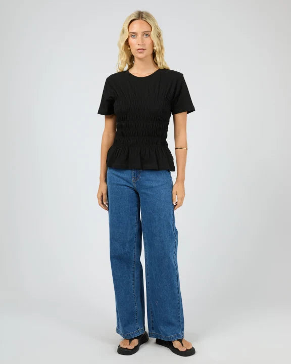 Model wearing All About Eve Lipa Ruched Top in Black — NZ casual style

