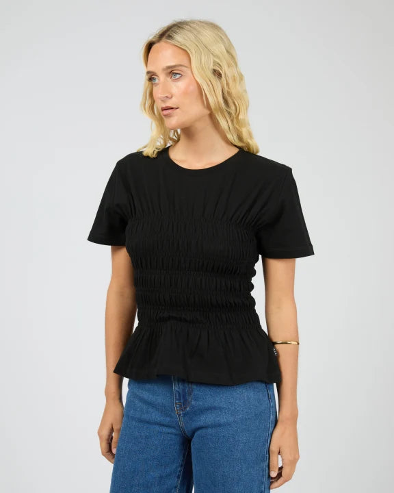 Women’s black ruched top — All About Eve