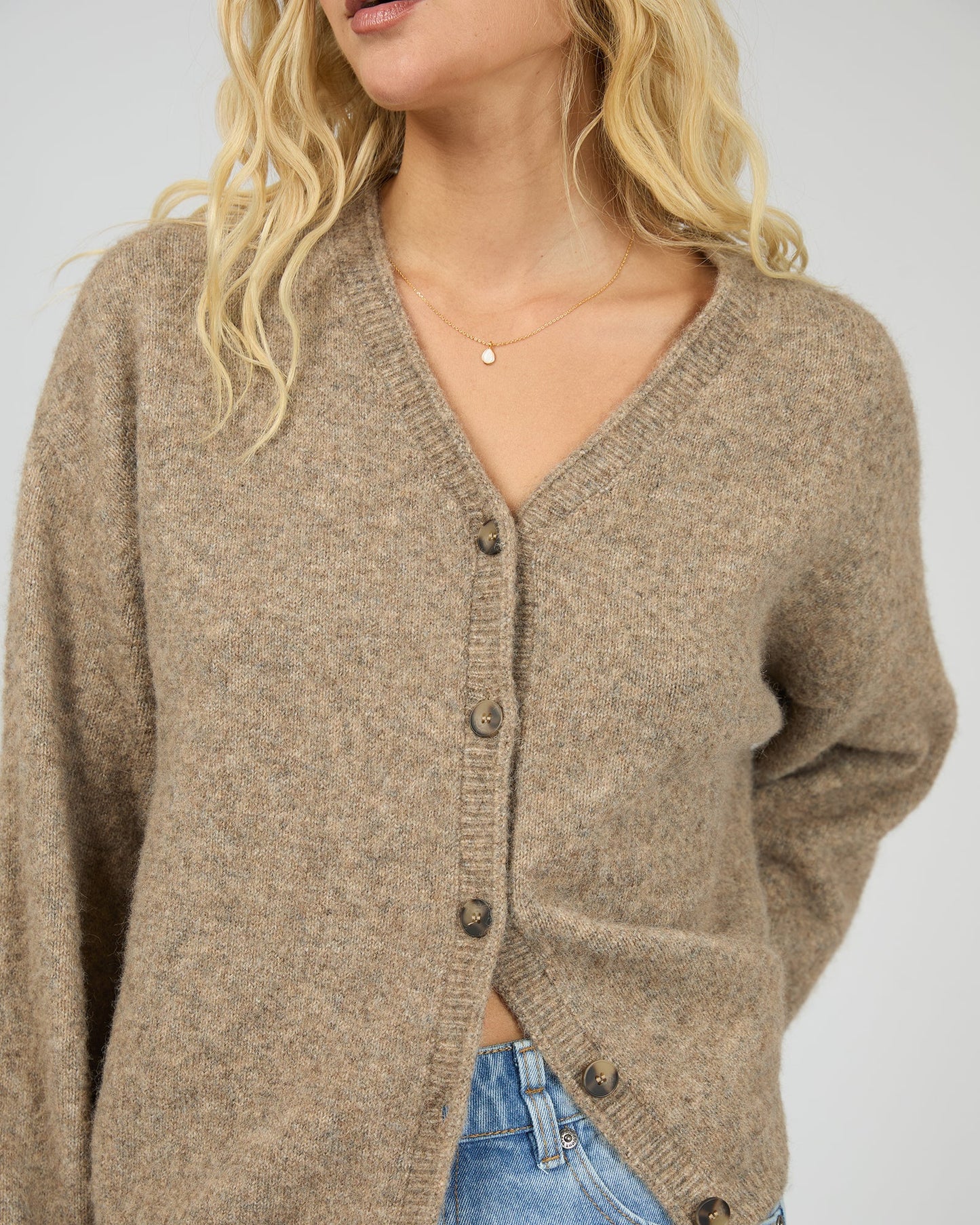 Close‑up of textured knit on the All About Eve Nova Cardigan Mocha — Salt & Honey NZ

