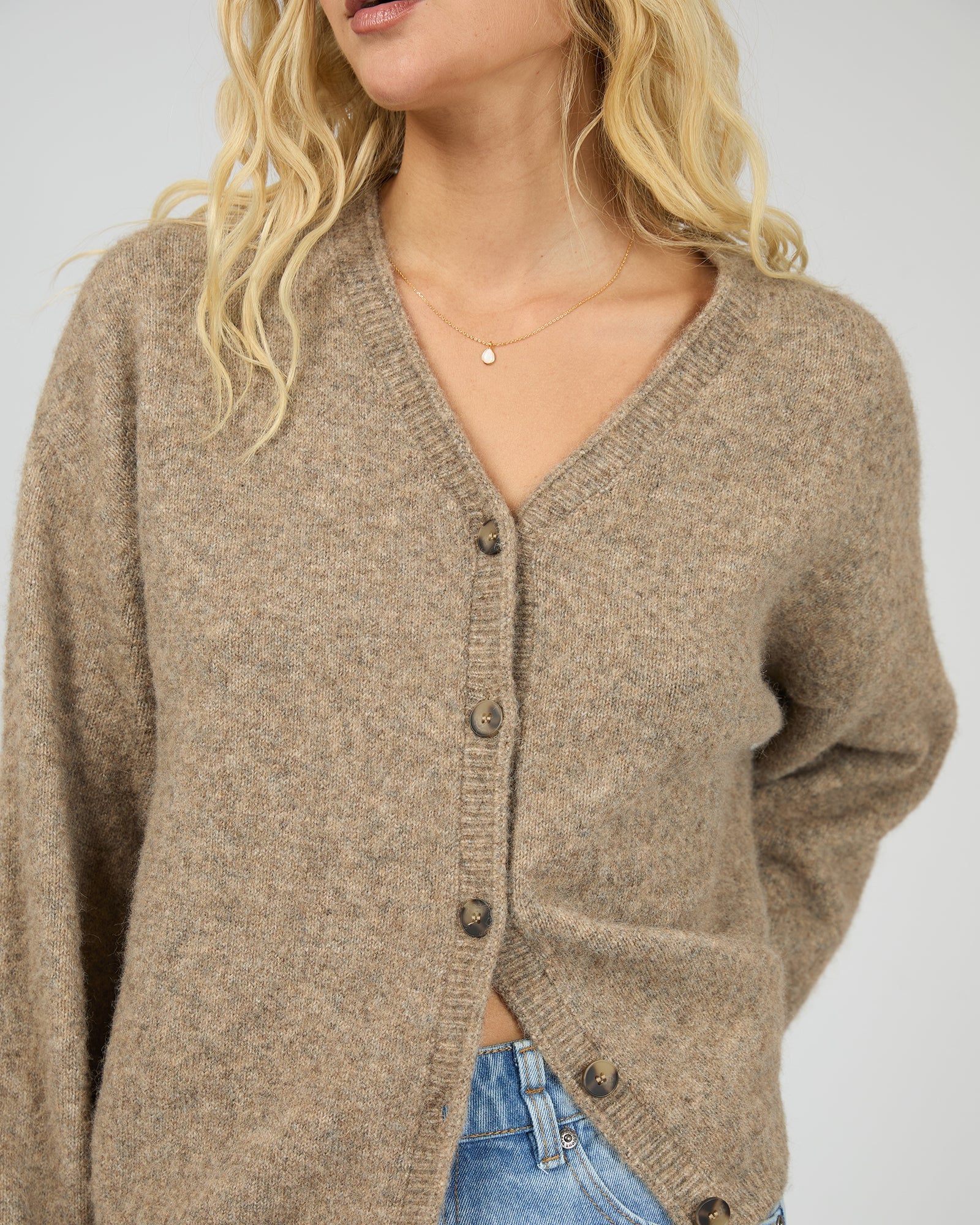Close‑up of textured knit on the All About Eve Nova Cardigan Mocha — Salt & Honey NZ

