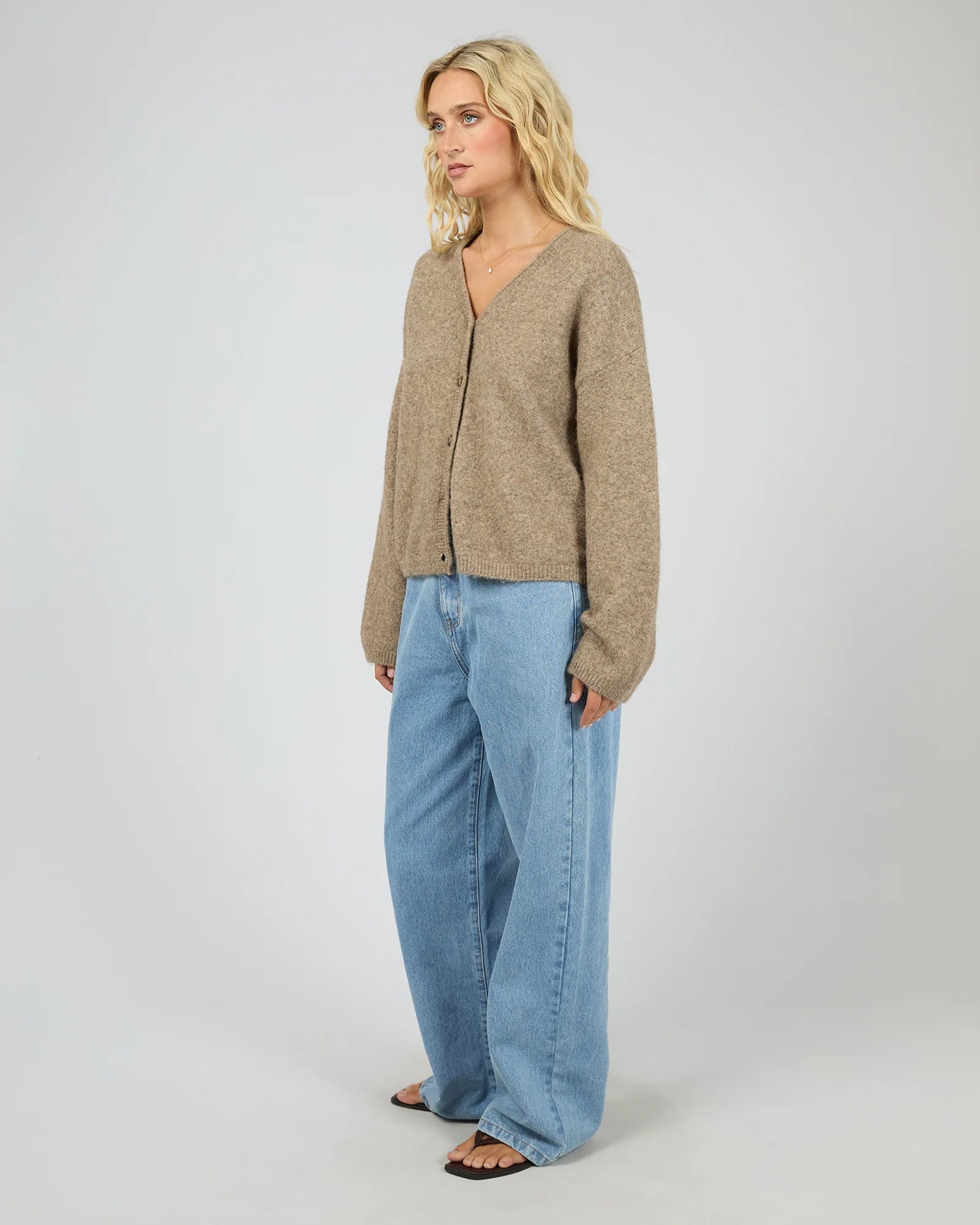 Model wearing the All About Eve Nova Cardigan in Mocha — Salt & Honey NZ

