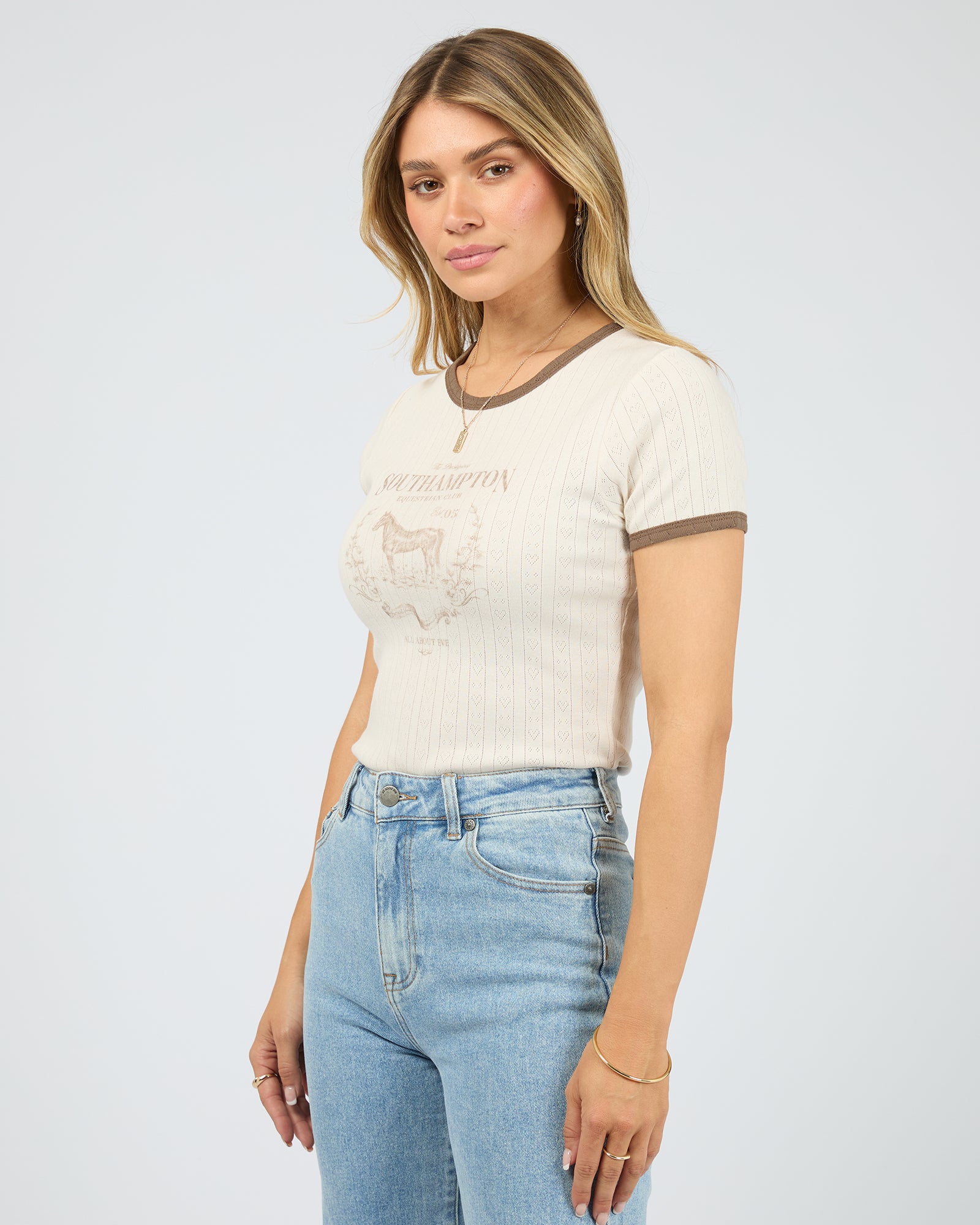 Women’s fitted ringer baby tee — side profile


