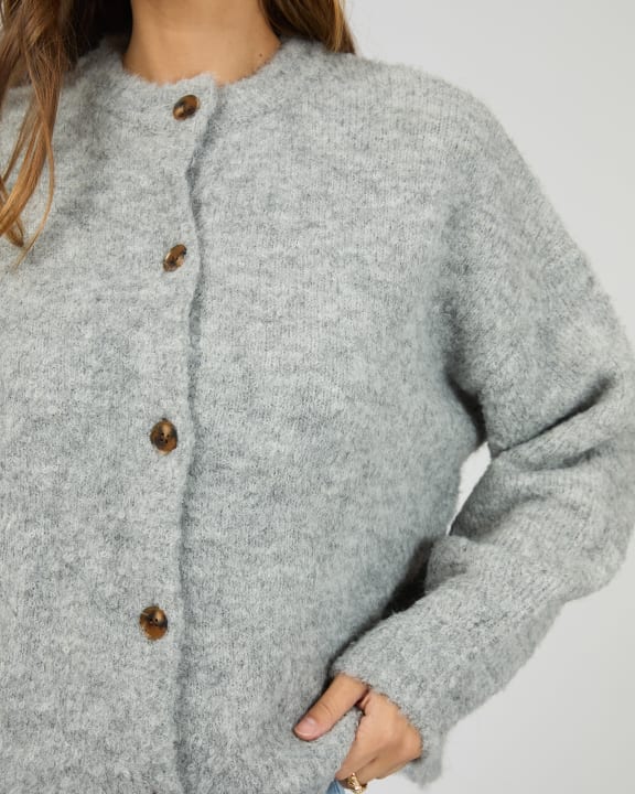 Women’s grey marle cardigan — front angle
