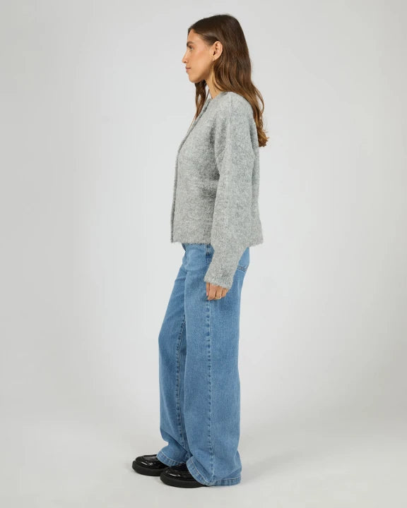 Side profile of Tillie Cardigan showing soft fluffy knit texture