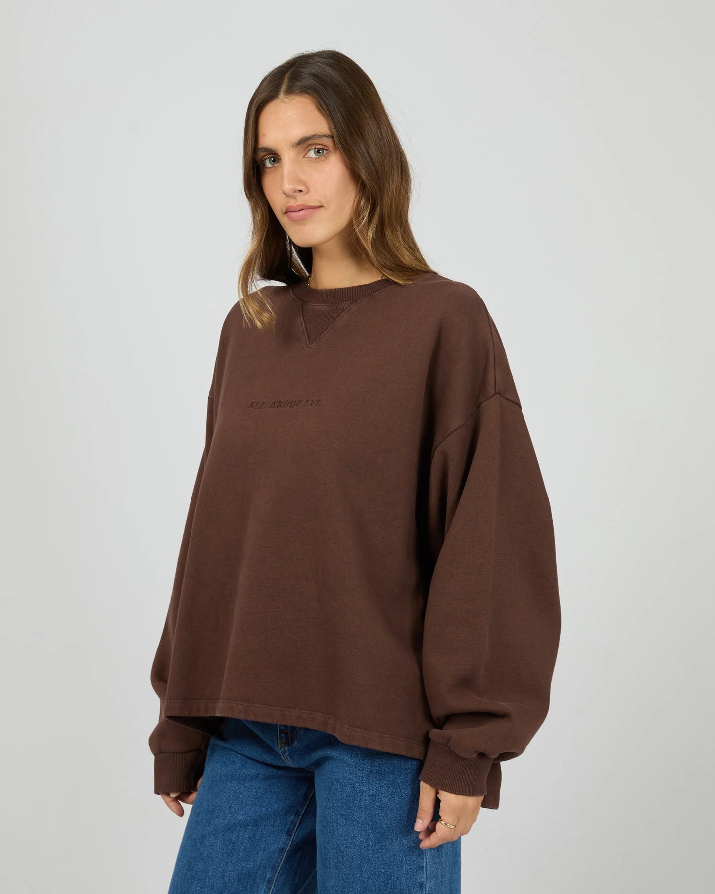 All About Eve Washed Box Crew - Brown | Women’s Oversized Vintage‑Wash Sweatshirt