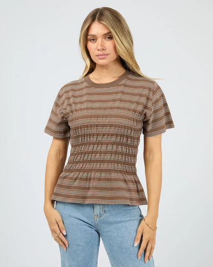 All About Eve Zelena Knit Tee - Coffee | Women's Shirred Cotton Stripe Tee