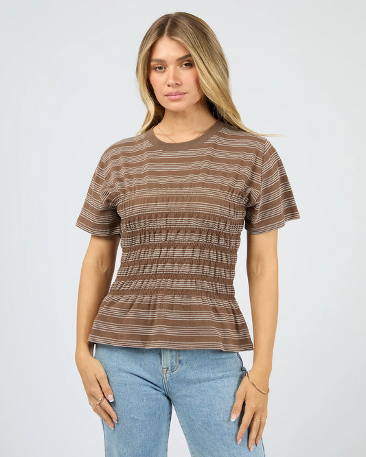 All About Eve Zelena Knit Tee - Coffee | Women's Shirred Cotton Stripe Tee