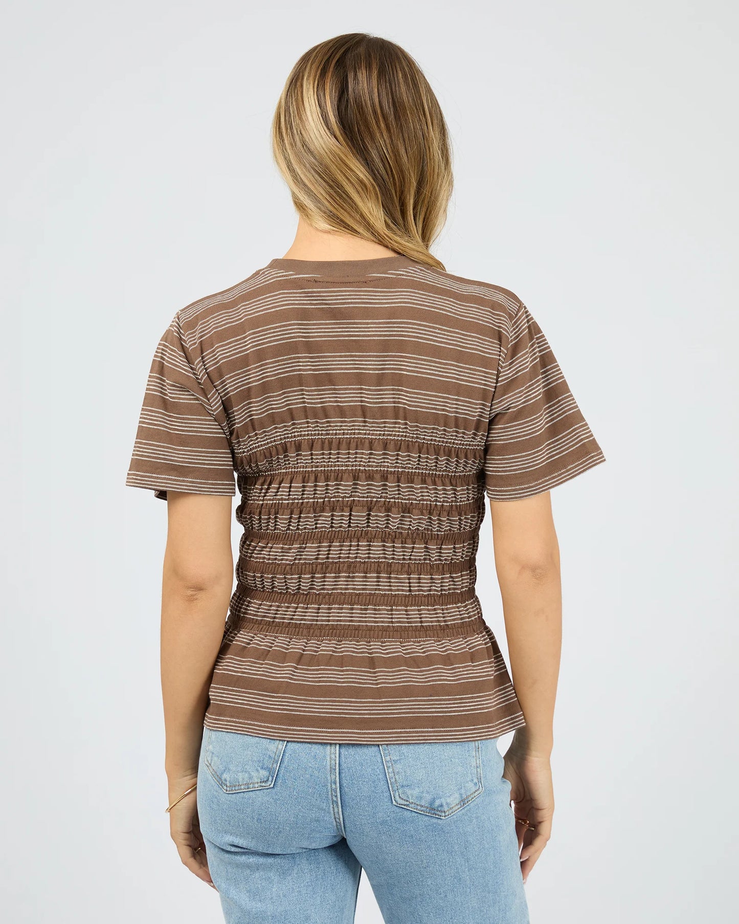 All About Eve Zelena Knit Tee - Coffee | Women's Shirred Cotton Stripe Tee