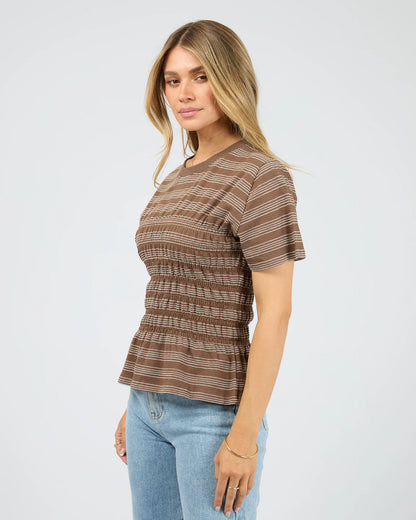 All About Eve Zelena Knit Tee - Coffee | Women's Shirred Cotton Stripe Tee