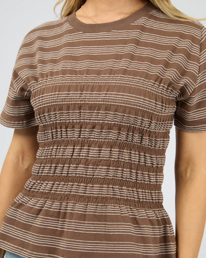 All About Eve Zelena Knit Tee - Coffee | Women's Shirred Cotton Stripe Tee