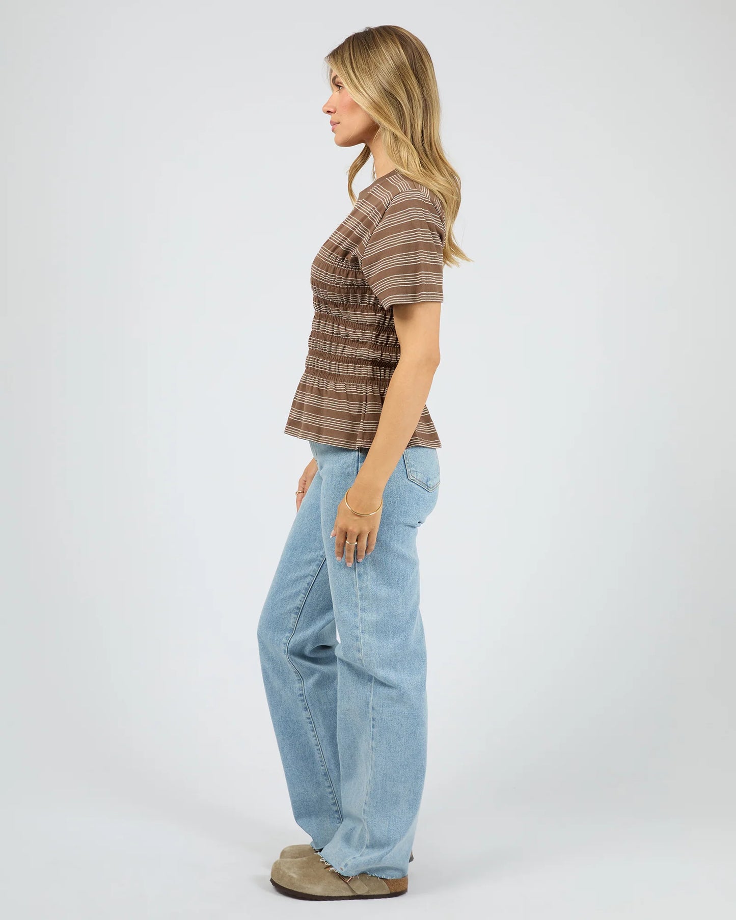 All About Eve Zelena Knit Tee - Coffee | Women's Shirred Cotton Stripe Tee
