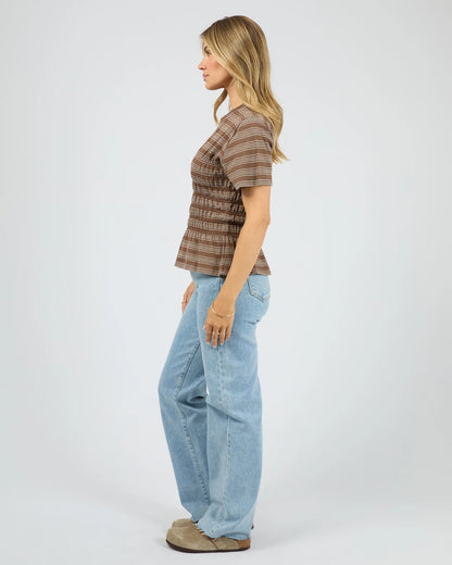 All About Eve Zelena Knit Tee - Coffee | Women's Shirred Cotton Stripe Tee