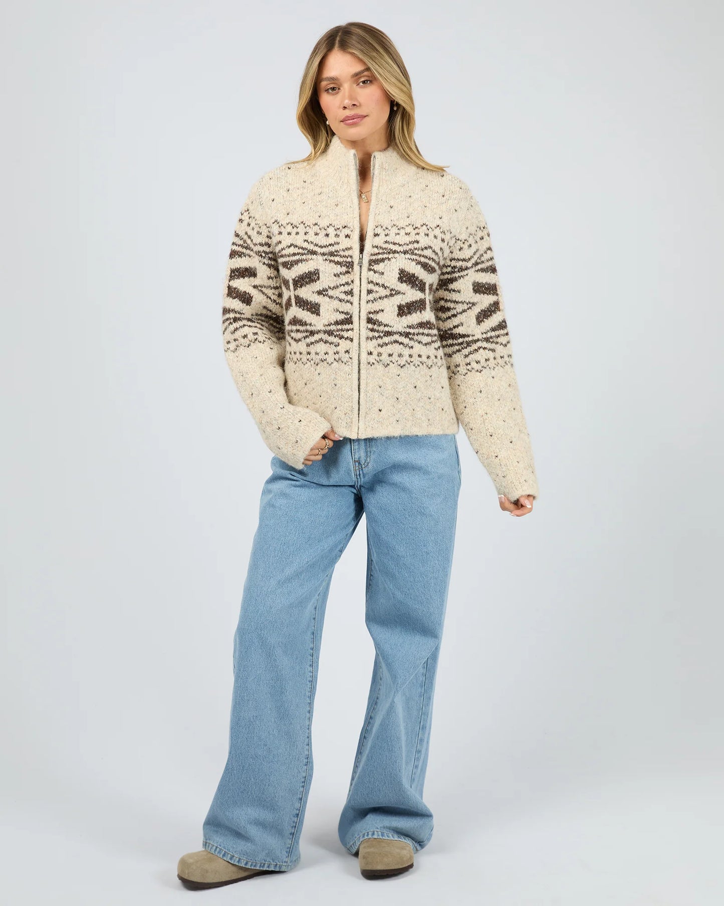 All About Eve Zoe Knit Zip Thru - Oat | Women's Textured Knit Zip Cardigan