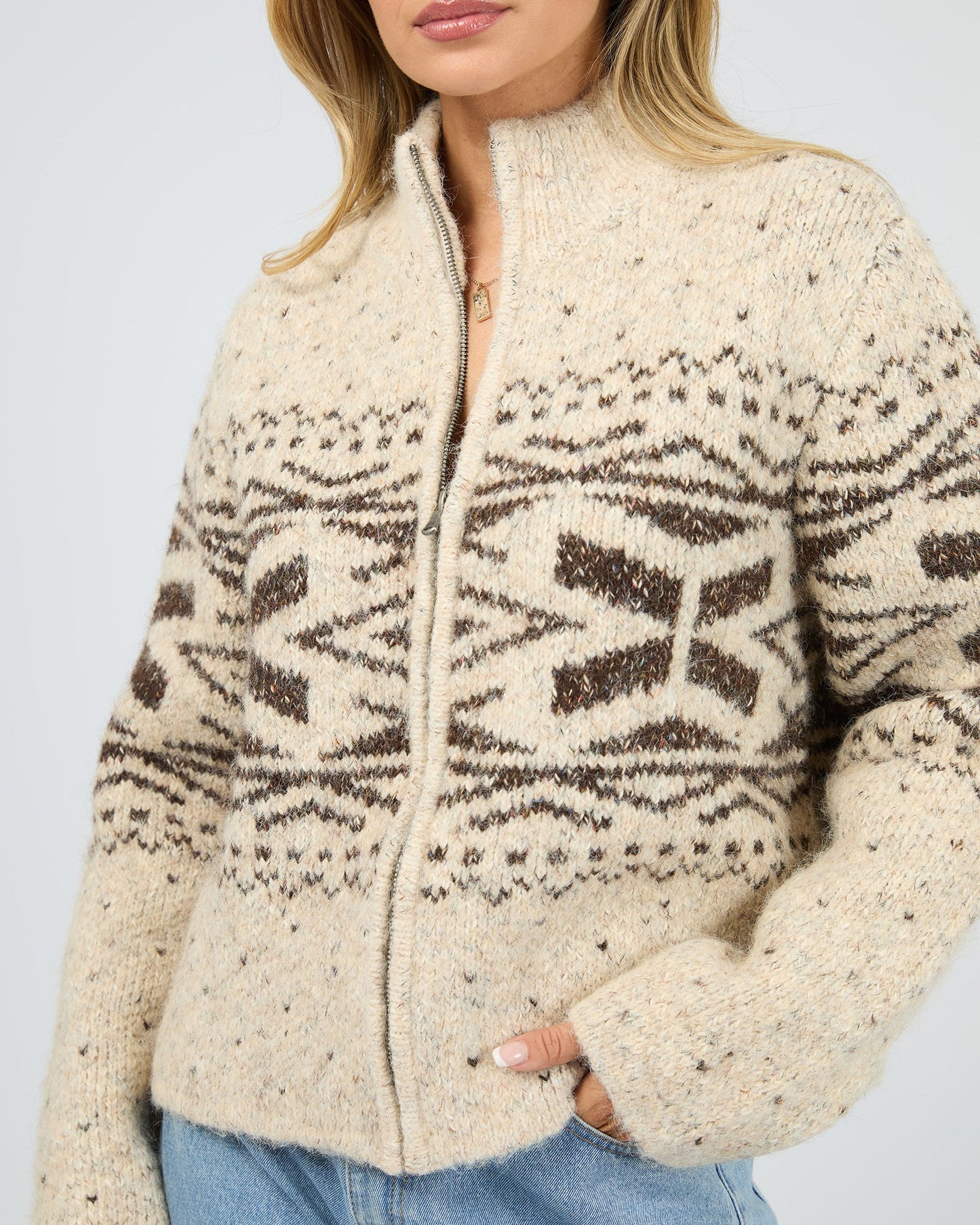 All About Eve Zoe Knit Zip Thru - Oat | Women's Textured Knit Zip Cardigan