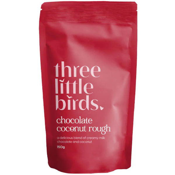Red packaging of 'three little birds' chocolate coconut rough on a white background