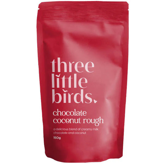 Red packaging of 'three little birds' chocolate coconut rough on a white background
