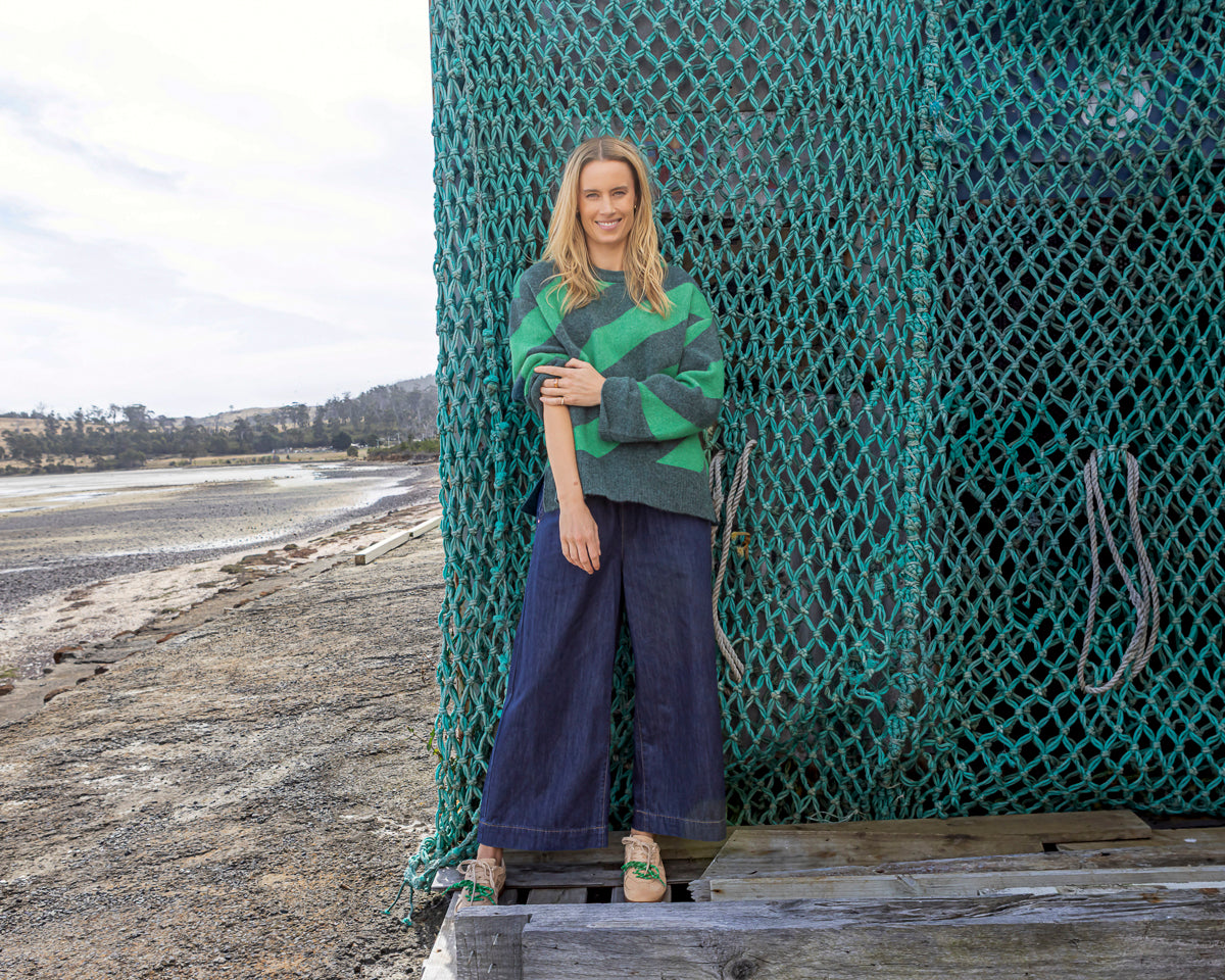 Elm Sage Diagonal Stripe - Knit Turquoise & Teal | Relaxed Fit Women’s Jumper