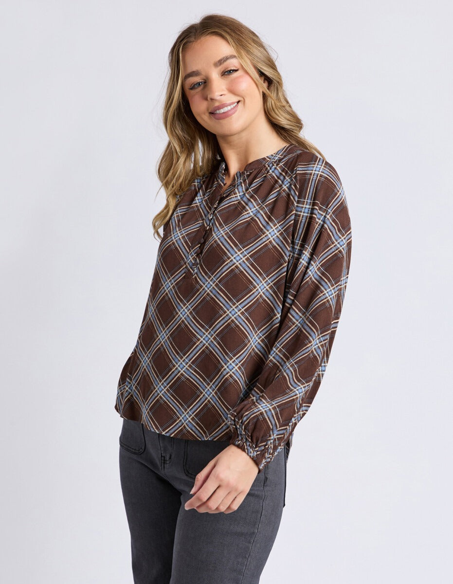 Foxwood Edison Check Top - Chocolate Check | Relaxed Fit Soft Drape Check Blouse