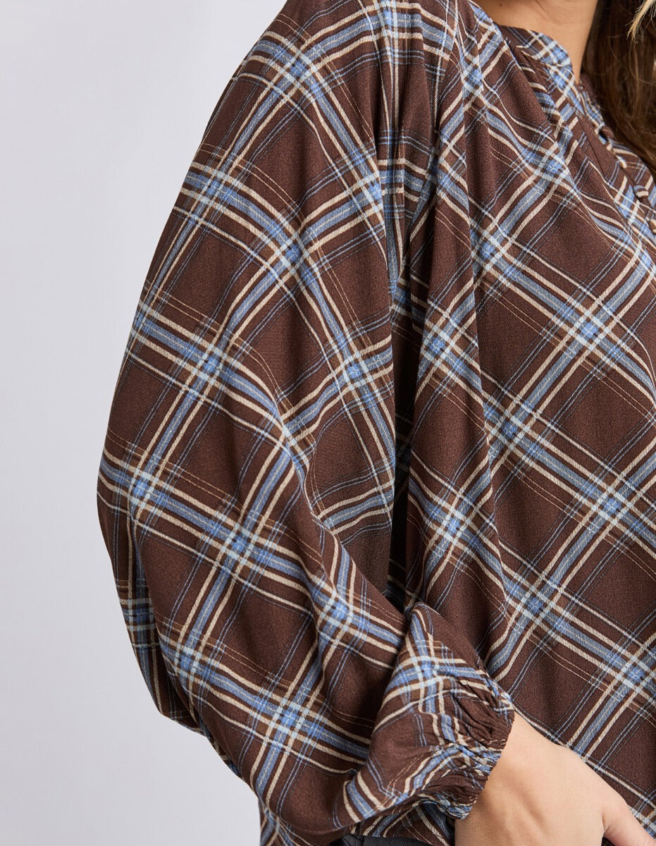Close‑up of Chocolate Check viscose fabric and button detailing.

